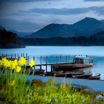 The boat landings at Keswick on Derwentwater at dusk